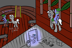 Size: 1200x800 | Tagged: safe, artist:saria the frost mage, oc, oc only, oc:clover patch, oc:silverwind (a foal's adventure), earth pony, pony, unicorn, a foal's adventure, aura, barrel, box, cannon, child, crate, female, filly, foal, hammock, horn, light, mage, magic, male, moaning, pirate, pirate ship, ship, spell, stallion, story included, wood