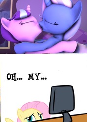 Size: 517x728 | Tagged: safe, fluttershy, starlight glimmer, trixie, pony, unicorn, g4, 3d, 3d model, computer, female, kiss on the lips, kissing, lesbian, mare, oh my, ship:startrix, shipping