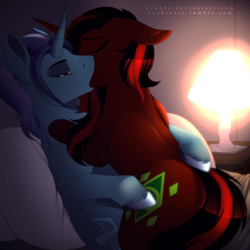 Size: 2000x2000 | Tagged: safe, artist:evehly, oc, oc only, oc:anzu, oc:ice storm, pony, unicorn, bed, bedroom, commission, ear piercing, earring, eyes closed, high res, horn, kissing, lamp, lidded eyes, making out, male, oc x oc, piercing, pillow, shipping, straight, unicorn oc