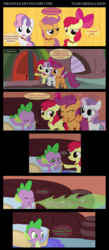 Size: 1650x3800 | Tagged: safe, artist:diegotan, apple bloom, scootaloo, spike, sweetie belle, g4, comic, cutie mark crusaders, feather, fire, fire breath, sneezing