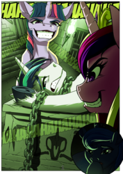 Size: 2480x3508 | Tagged: safe, artist:mykegreywolf, princess cadance, princess luna, shining armor, twilight sparkle, comic:night call, g4, chains, comic, evil laugh, evil smile, high res, laughing, stairs, torch