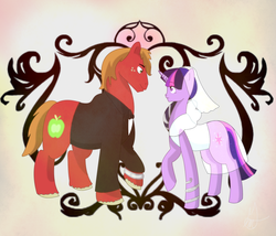 Size: 1400x1196 | Tagged: safe, artist:the-mad-pumpkin, big macintosh, twilight sparkle, earth pony, pony, g4, clothes, dress, male, marriage, ship:twimac, shipping, stallion, straight, tuxedo, wedding, wedding dress