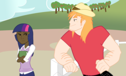 Size: 1120x676 | Tagged: safe, artist:the-mad-pumpkin, big macintosh, twilight sparkle, human, g4, dark skin, humanized, implied twimac, male, ship:twimac, shipping, straight