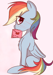 Size: 958x1352 | Tagged: safe, artist:jonathan the awesome, derpibooru exclusive, edit, rainbow dash, pegasus, pony, g4, blushing, chest fluff, cute, dashabetes, envelope, female, heart eyes, looking at you, love letter, mare, mouth hold, simple background, smiling, solo, wingding eyes
