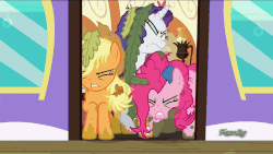 Size: 864x486 | Tagged: safe, edit, edited screencap, screencap, applejack, pinkie pie, rarity, g4, ppov, angry, animated, discovery family logo, female, gif, loop, reversed