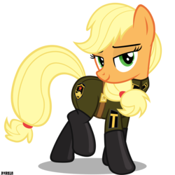 Size: 3000x3000 | Tagged: safe, artist:a4r91n, applejack, g4, bedroom eyes, clothes, female, high res, looking at you, military uniform, pose, raised leg, sergeant, simple background, smiling, solo, soviet, soviet union, tanker, transparent background, uniform, vector