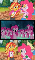 Size: 1366x2304 | Tagged: safe, edit, edited screencap, screencap, pinkie pie, sunset shimmer, equestria girls, legend of everfree, too many pinkie pies, clone, discovery kids, meme, pinkie clone, sunset sees things