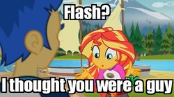 Size: 456x256 | Tagged: safe, edit, edited screencap, screencap, flash sentry, sunset shimmer, equestria girls, g4, my little pony equestria girls: legend of everfree, brad, caption, discovery kids, female, image macro, implied transgender, meme, out of context, sleepaway camp