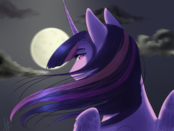 Size: 1600x1200 | Tagged: safe, artist:maria-fly, twilight sparkle, alicorn, pony, g4, female, full moon, looking back, moon, solo, twilight sparkle (alicorn)