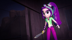 Size: 1920x1080 | Tagged: safe, artist:razethebeast, aria blaze, equestria girls, g4, my little pony equestria girls: rainbow rocks, 3d, clothes, female, forces of harmony, pants, smiling, solo, source filmmaker, sword, weapon