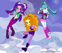 Size: 1177x1002 | Tagged: safe, artist:charliexe, adagio dazzle, aria blaze, sonata dusk, equestria girls, g4, my little pony equestria girls: rainbow rocks, boots, clothes, female, shoes, skirt, the dazzlings, tongue out, trio