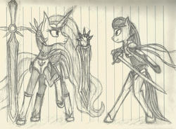 Size: 4022x2958 | Tagged: safe, artist:frostspear, octavia melody, princess celestia, pony, g4, bipedal, lined paper, mace, monochrome, sword, traditional art, weapon