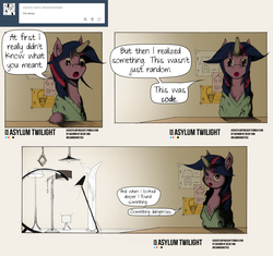 Size: 1481x1394 | Tagged: safe, artist:dreamingnoctis, twilight sparkle, ask asylum twilight, g4, ask, female, lamp, solo, tumblr