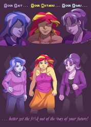 Size: 2700x3800 | Tagged: safe, artist:erinptah, princess luna, starlight glimmer, sunset shimmer, vice principal luna, equestria girls, g4, censored vulgarity, clothes, comic, equestria girls-ified, grawlixes, high res