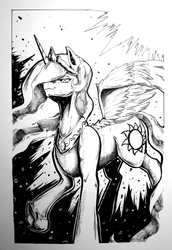 Size: 1100x1600 | Tagged: safe, artist:aerolp, princess celestia, g4, black and white, female, flying, grayscale, inktober, monochrome, solo, sun, traditional art
