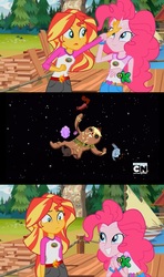 Size: 1366x2304 | Tagged: safe, edit, edited screencap, screencap, pinkie pie, sunset shimmer, chicken, squirrel, equestria girls, g4, my little pony equestria girls: legend of everfree, adventure time, discovery kids, gingerbread man, lumpy space princess, male, meme, royal tart toter, space, sunset sees things, wat