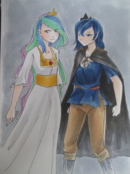 Size: 1024x1365 | Tagged: safe, artist:preciousknightwalker, princess celestia, princess luna, human, g4, cape, clothes, dress, humanized, pants, royal sisters, shirt, traditional art