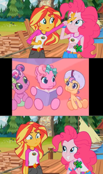 Size: 607x1024 | Tagged: safe, edit, edited screencap, screencap, cheerilee (g3), pinkie pie, pinkie pie (g3), scootaloo (g3), sunset shimmer, equestria girls, g3, g3.5, g4, my little pony equestria girls: legend of everfree, newborn cuties, so many different ways to play, baby, boat, book, bow, clothes, confused, diaper, discovery kids, female, frown, hair bow, helmet, letterboxing, looking at each other, looking up, meme, open mouth, sitting, smiling, sunset sees things