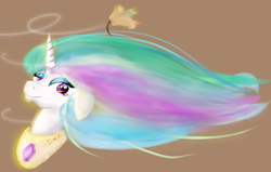 Size: 6881x4370 | Tagged: safe, artist:hippik, princess celestia, g4, absurd resolution, bust, female, floppy ears, leaf, portrait, simple background, solo, windswept mane