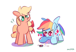 Size: 584x397 | Tagged: safe, artist:dusty-munji, applejack, rainbow dash, earth pony, insect, pegasus, pony, g4, blank flank, confused, female, filly, filly applejack, filly rainbow dash, foal, hatless, missing accessory, question mark, signature, simple background, spread wings, white background, wings, younger