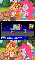 Size: 607x1024 | Tagged: safe, edit, edited screencap, screencap, pinkie pie, sunset shimmer, equestria girls, g4, my little pony equestria girls: legend of everfree, book, discovery kids, meme, sunset sees things, super solvers, super solvers: midnight rescue, video game
