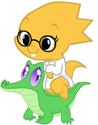 Size: 836x1067 | Tagged: safe, artist:red4567, gummy, dragon, g4, alphys, baby dragon, bucktooth, crossover, cute, dragonified, dragons riding gators, glasses, riding, species swap, undertale