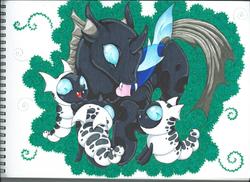 Size: 2338x1700 | Tagged: safe, artist:darknessa-desu, changeling, changeling larva, cute, cuteling, heart, larva, mouth hold, smiling, traditional art