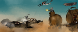 Size: 3900x1620 | Tagged: safe, artist:kettufox, car, crossover, ford, ford falcon, hot rod, interceptor, last of the v8s, mad max, mad max fury road, movie reference, spear, supercharger, tanker, weapon