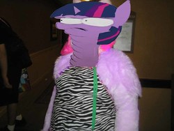 Size: 900x675 | Tagged: safe, artist:tjpones edits, edit, pinkie pie, twilight sparkle, human, g4, 1000 years in photoshop, canterlot gardens convention, clothes, cosplay, costume, fursuit, irl, irl human, multiple chins, not salmon, photo, pinkamena diane pie, poe's law, satire, twibitch sparkle, wat, what has science done