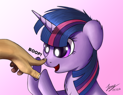 Size: 2000x1543 | Tagged: safe, artist:duskie-06, twilight sparkle, human, g4, boop, cute, hand, simple background, text, twiabetes