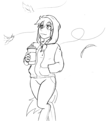 Size: 793x879 | Tagged: safe, artist:dj-black-n-white, oc, oc only, oc:cinnamon cider, satyr, autumn, clothes, coffee, coffee cup, cup, hoodie, jeans, leaves, monochrome, pants, parent:applejack, solo, wind