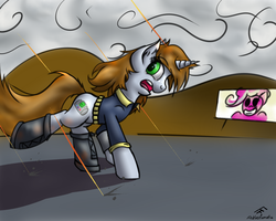 Size: 1280x1024 | Tagged: safe, artist:frecklesfanatic, pinkie pie, oc, oc:littlepip, pony, unicorn, fallout equestria, g4, billboard, boots, clothes, fanfic, fanfic art, female, horn, jumpsuit, looking back, mare, ministry mares, ministry of morale, pipbuck, running, scared, shooting, vault suit