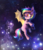 Size: 900x1047 | Tagged: safe, artist:dearmary, oc, oc only, oc:paper stars, bat pony, pony, amputee, bat pony oc, bat wings, cute little fangs, ear fluff, fangs, flying, multicolored hair, solo, stars, underhoof, wings