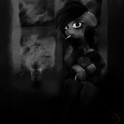 Size: 1024x1024 | Tagged: dead source, safe, artist:asklemonice, artist:stopandsmile, oc, oc only, pony, choker, cigarette, clothes, coffee, cup, emo, grayscale, looking at you, makeup, mascara, monochrome, running makeup, solo