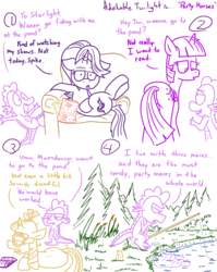 Size: 1280x1611 | Tagged: safe, artist:adorkabletwilightandfriends, moondancer, spike, starlight glimmer, twilight sparkle, alicorn, dragon, pony, unicorn, comic:adorkable twilight and friends, g4, adorkable twilight, butt, comic, dialogue, fishing, lineart, plot, pond, sarcasm, slice of life, tail stand, twilight sparkle (alicorn)