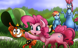 Size: 2898x1811 | Tagged: safe, artist:malifikyse, pinkie pie, rainbow dash, zbornak, g4, banjo, crossover, grass, musical instrument, shrug, sweet dreams fuel, sylvia (wander over yonder), wander (wander over yonder), wander over yonder