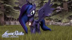 Size: 1920x1080 | Tagged: safe, artist:thelunagames, princess luna, g4, 3d, female, forest, grass, solo, spread wings