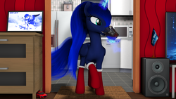 Size: 1920x1080 | Tagged: safe, artist:thelunagames, princess luna, g4, 3d, clothes, female, glass, kitchen, magic, socks, solo, telekinesis, water