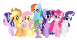Size: 3902x2043 | Tagged: safe, artist:squipycheetah, applejack, fluttershy, pinkie pie, rainbow dash, rarity, spike, starlight glimmer, twilight sparkle, alicorn, dragon, earth pony, pegasus, pony, unicorn, g4, cute, dashabetes, diapinkes, female, freckles, glimmerbetes, happy, high res, jackabetes, looking at you, male, mane seven, mane six, mare, open mouth, raised hoof, raribetes, shyabetes, simple background, smiling, spread wings, transparent background, twiabetes, twilight sparkle (alicorn), vector, wings