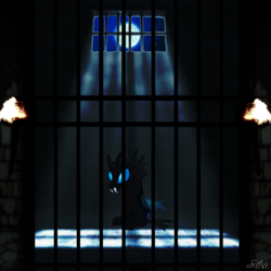 Size: 1000x1000 | Tagged: safe, artist:wisdomvision f., changeling, fanfic:love changes a changeling, moon, nightmare shines behind bars, solo, story art, wisdomvision f.