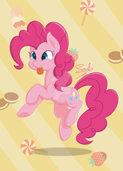 Size: 1024x1434 | Tagged: safe, artist:soulfulmirror, pinkie pie, earth pony, pony, g4, candy, cute, diapinkes, female, food, ice cream, lollipop, lyrics in the description, ponk, pronking, silly, silly pony, solo, song in the description, strawberry, tongue out, watermark