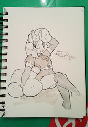 Size: 576x832 | Tagged: safe, artist:theburningdonut, sweetie belle, anthro, g4, clothes, female, filly guides, grayscale, hashtag, inktober, monochrome, socks, solo, thigh highs, traditional art, young