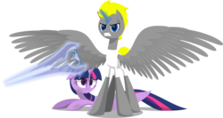 Size: 5723x3043 | Tagged: safe, artist:zacatron94, twilight sparkle, oc, oc:quentin, alicorn, pony, g4, lineless, magic, simple background, transparent background, twilight sparkle (alicorn)