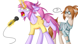 Size: 1024x576 | Tagged: safe, artist:despotshy, oc, oc only, earth pony, pony, unicorn, clothes, duo, magic, microphone, shirt, simple background, singing, transparent background