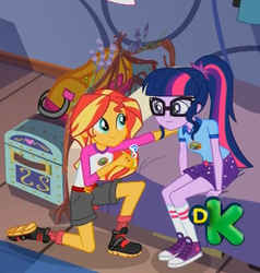 Size: 564x592 | Tagged: safe, artist:poppek, edit, edited screencap, screencap, sci-twi, sunset shimmer, twilight sparkle, equestria girls, g4, my little pony equestria girls: legend of everfree, bed, clothes, converse, discovery kids, engagement ring, female, lesbian, marriage proposal, ring, ship:sci-twishimmer, ship:sunsetsparkle, shipping, shoes, sneakers