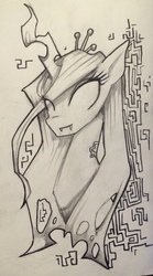 Size: 714x1280 | Tagged: safe, artist:kairaanix, queen chrysalis, changeling, changeling queen, g4, female, monochrome, solo