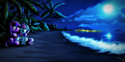 Size: 2000x1000 | Tagged: safe, artist:ruhisu, oc, oc only, beach, duo, moon, night, palm tree, scenery, tree