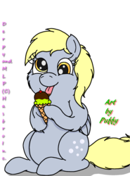 Size: 1675x2267 | Tagged: safe, artist:puffydearlysmith, derpy hooves, pegasus, pony, g4, cheek fluff, derp, female, food, hoof hold, ice cream, ice cream cone, licking, mare, simple background, solo, tongue out, white background