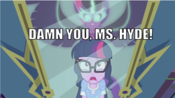 Size: 1001x564 | Tagged: safe, edit, edited screencap, screencap, sci-twi, twilight sparkle, equestria girls, g4, my little pony equestria girls: legend of everfree, dr jekyll and mr hyde, female, glasses, image macro, meme, midnight sparkle, mirror, mr hyde, reflection, solo