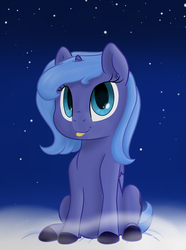 Size: 1490x2001 | Tagged: safe, artist:kaleysia, princess luna, g4, cloud, female, filly, night, sitting, solo, stars, tongue out, woona, younger